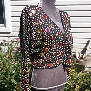 80's Norja♦️🔷️💚💜Black Jewel-Embellished Cardigan Size L